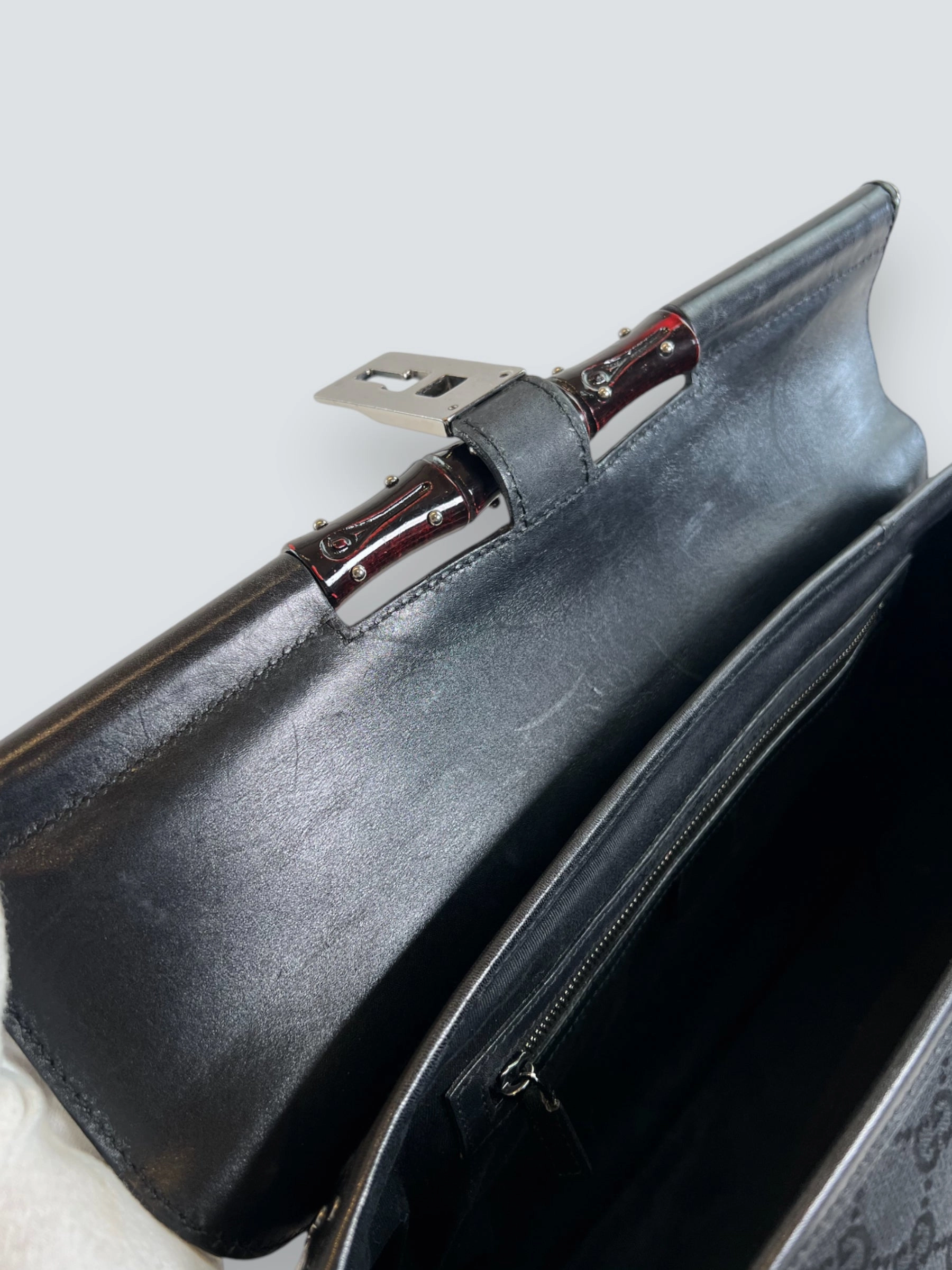 Gucci Black Limited Edition Monogram Canvas & Leather With Bamboo Detail Shoulder Bag