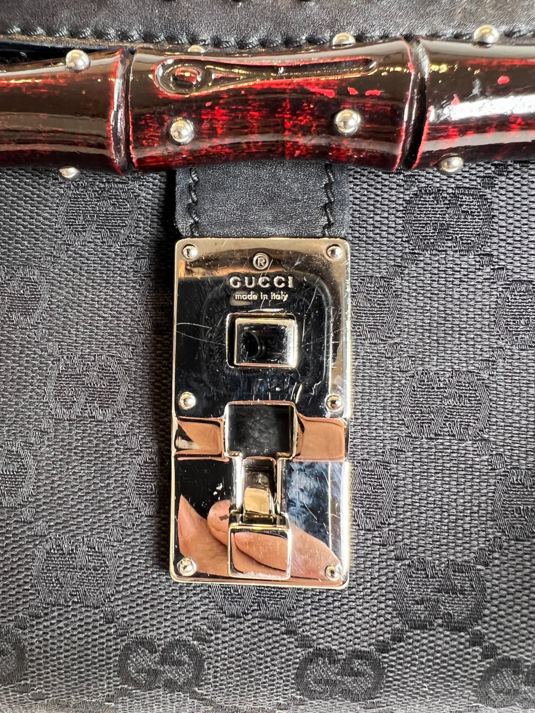 Gucci Black Limited Edition Monogram Canvas & Leather With Bamboo Detail Shoulder Bag