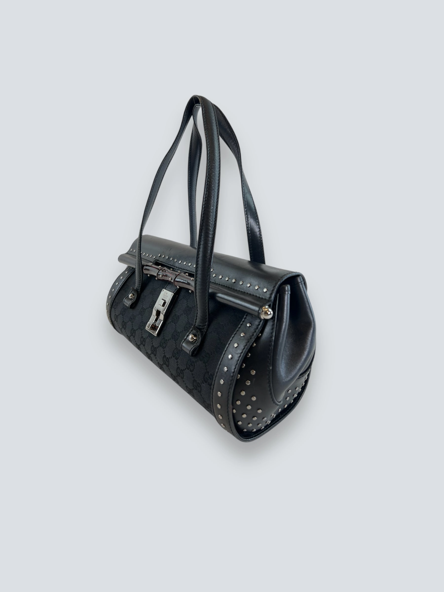 Gucci Black Limited Edition Monogram Canvas & Leather With Bamboo Detail Shoulder Bag