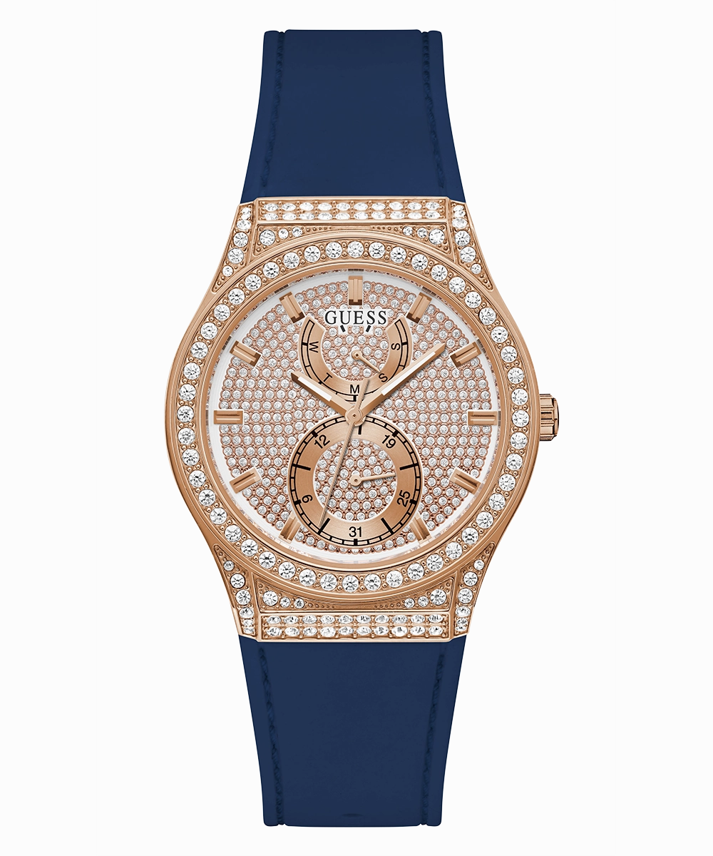 GUESS Ladies Blue Rose Gold Tone Multi-function Watch