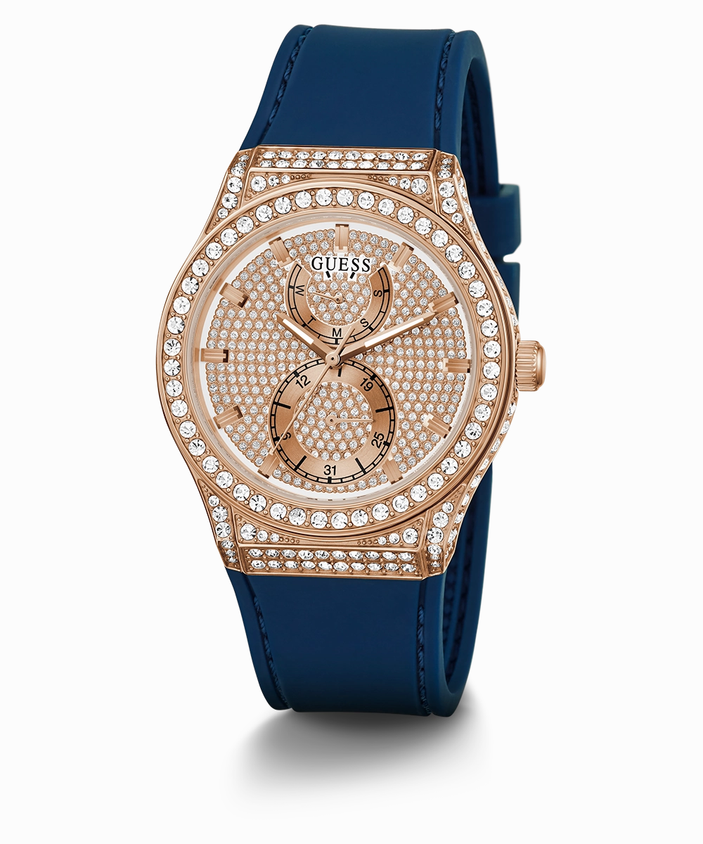 GUESS Ladies Blue Rose Gold Tone Multi-function Watch