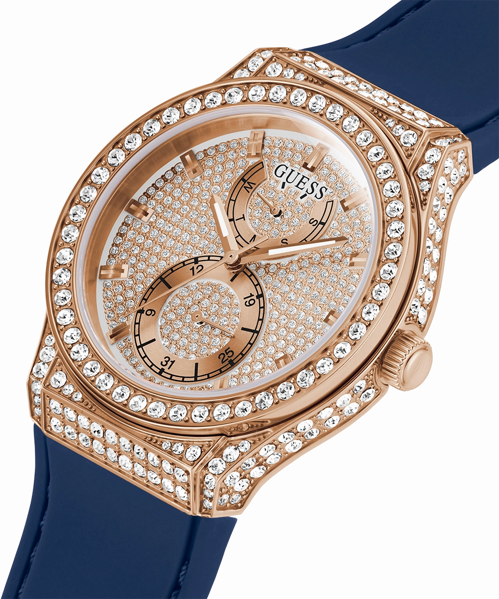 GUESS Ladies Blue Rose Gold Tone Multi-function Watch