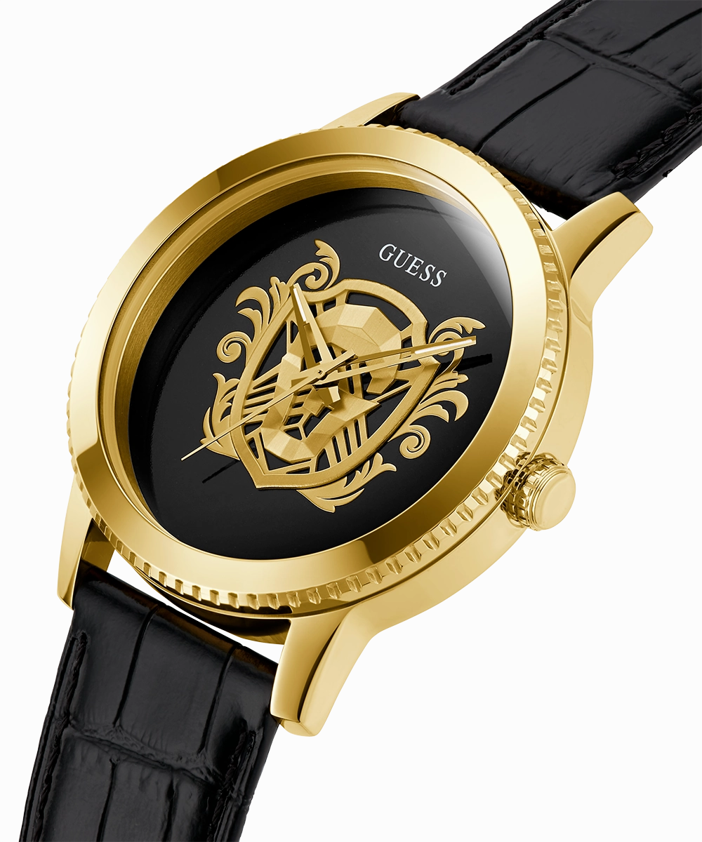 GUESS Mens Black Gold Tone Analog Watch