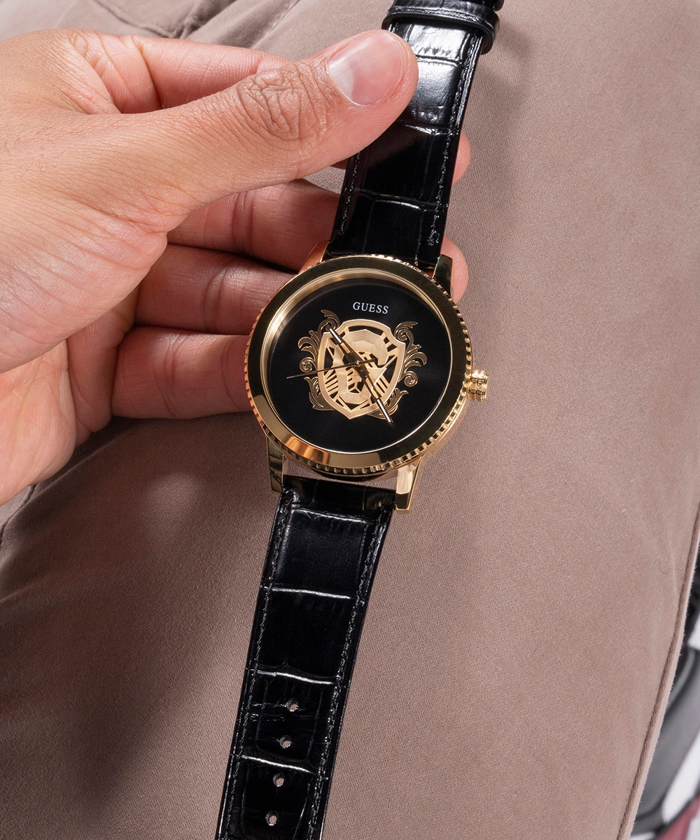 GUESS Mens Black Gold Tone Analog Watch