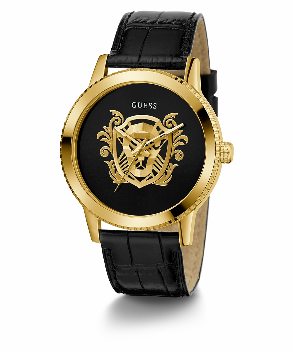 GUESS Mens Black Gold Tone Analog Watch