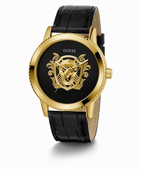 GUESS Mens Black Gold Tone Analog Watch