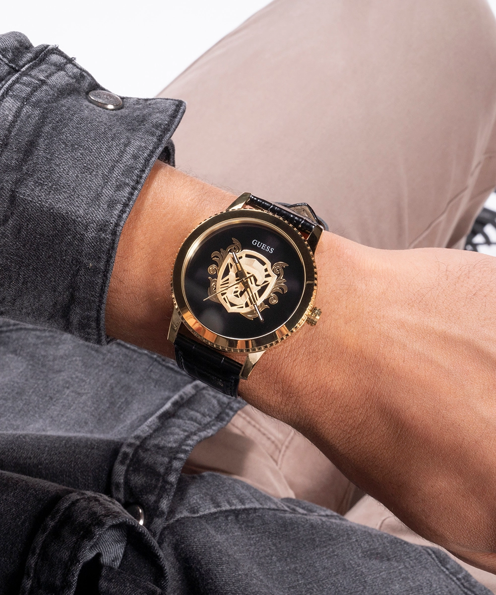 GUESS Mens Black Gold Tone Analog Watch