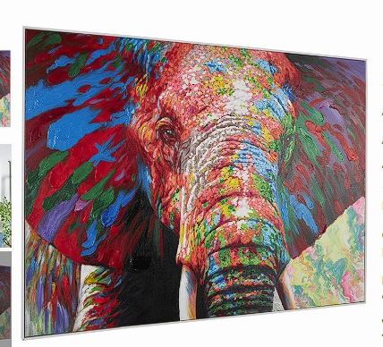 MULTI COLORED CANVAS ELEPHANT ABSTRACT PAINT SPLATTER WALL ART WITH ABSTRACT PAINT STROKES AND SPOTTED DETAILING, 48" X 2" X 36