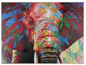 MULTI COLORED CANVAS ELEPHANT ABSTRACT PAINT SPLATTER WALL ART WITH ABSTRACT PAINT STROKES AND SPOTTED DETAILING, 48" X 2" X 36