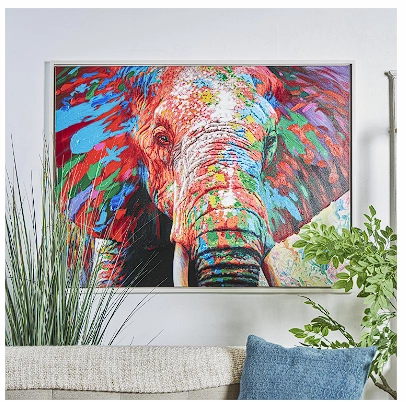 MULTI COLORED CANVAS ELEPHANT ABSTRACT PAINT SPLATTER WALL ART WITH ABSTRACT PAINT STROKES AND SPOTTED DETAILING, 48" X 2" X 36