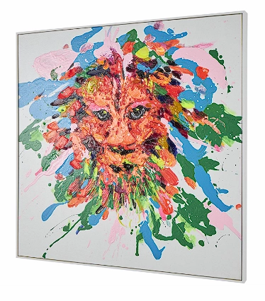 MULTI COLORED CANVAS LION ABSTRACT PAINT SPLATTER WALL ART WITH WHITE FRAME, 32" X 2" X 32