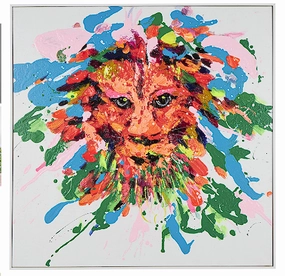 MULTI COLORED CANVAS LION ABSTRACT PAINT SPLATTER WALL ART WITH WHITE FRAME, 32" X 2" X 32