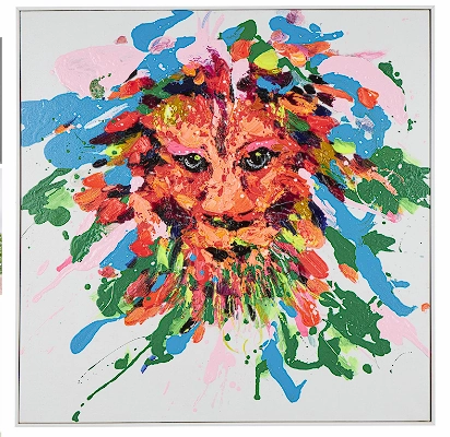 MULTI COLORED CANVAS LION ABSTRACT PAINT SPLATTER WALL ART WITH WHITE FRAME, 32" X 2" X 32