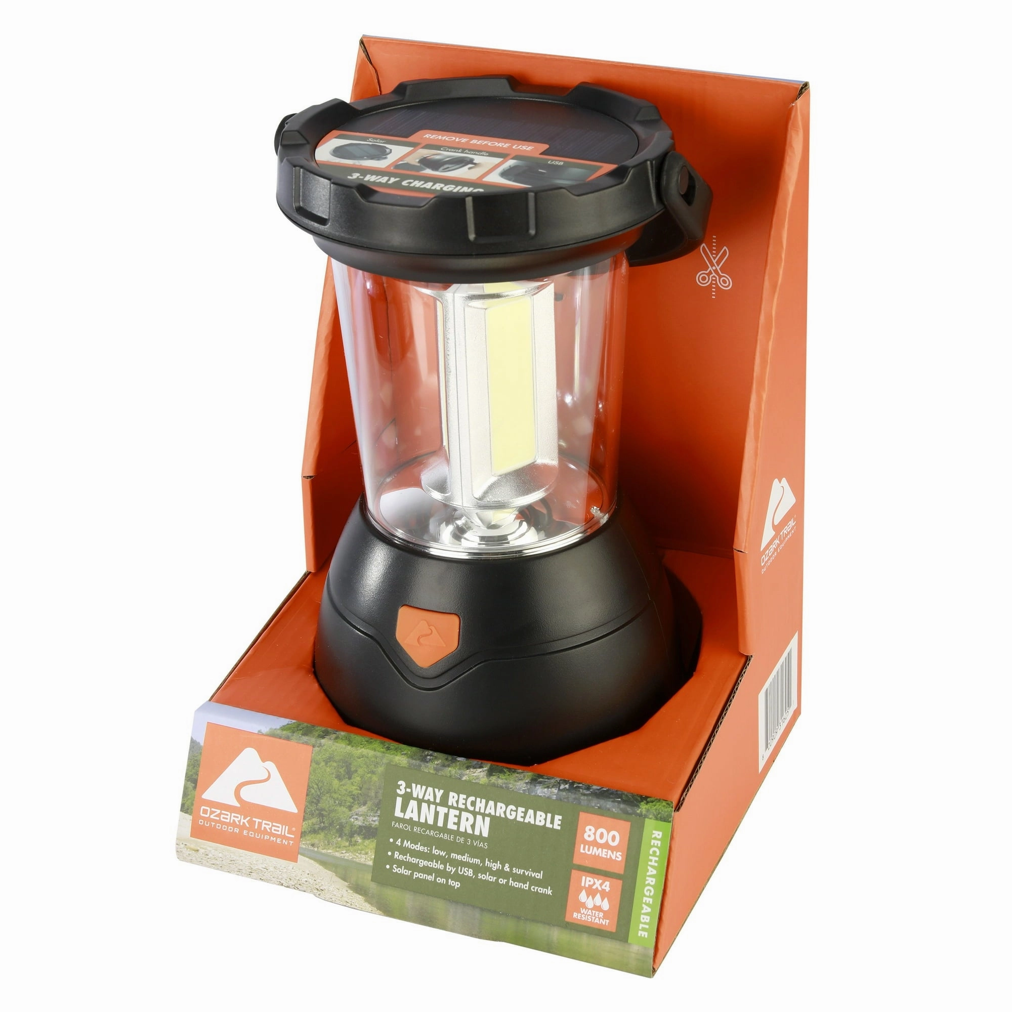 Ozark Trail 31625 Triplex LED Survival Lantern, 800 Lumens, Rechargeable, Solar and Crank, Black