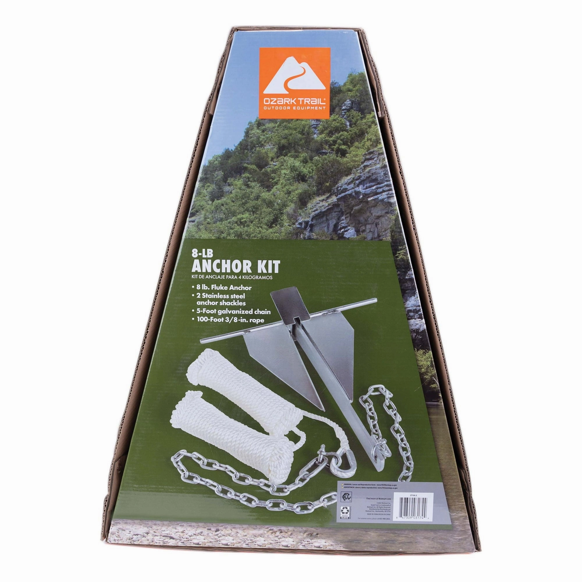 Ozark Trail OTFAK-8 Galvanized Steel 8Lb Fluke Anchor Kit With Shackles, Anchor Chain & Anchor Rope