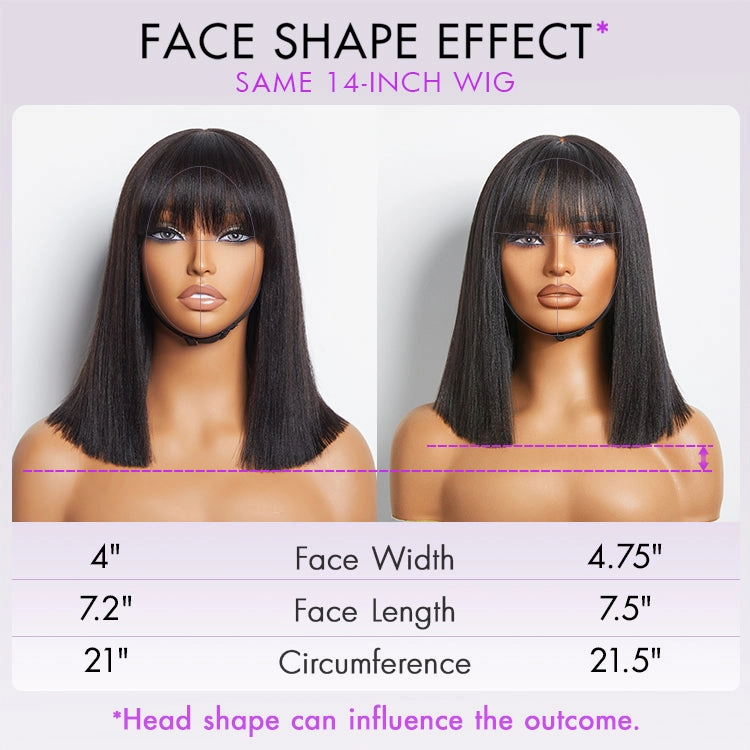 Put On and Go Brown Highlight Yaki Bob with Bangs Glueless Minimalist Lace Wig Breathable Cap