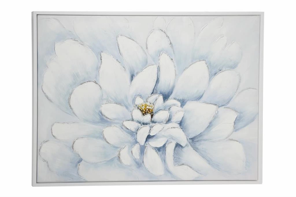 RECTANGULAR SILVER & WHITE PEONY FLOWER ACRYLIC PAINTING IN SILVER FRAME
