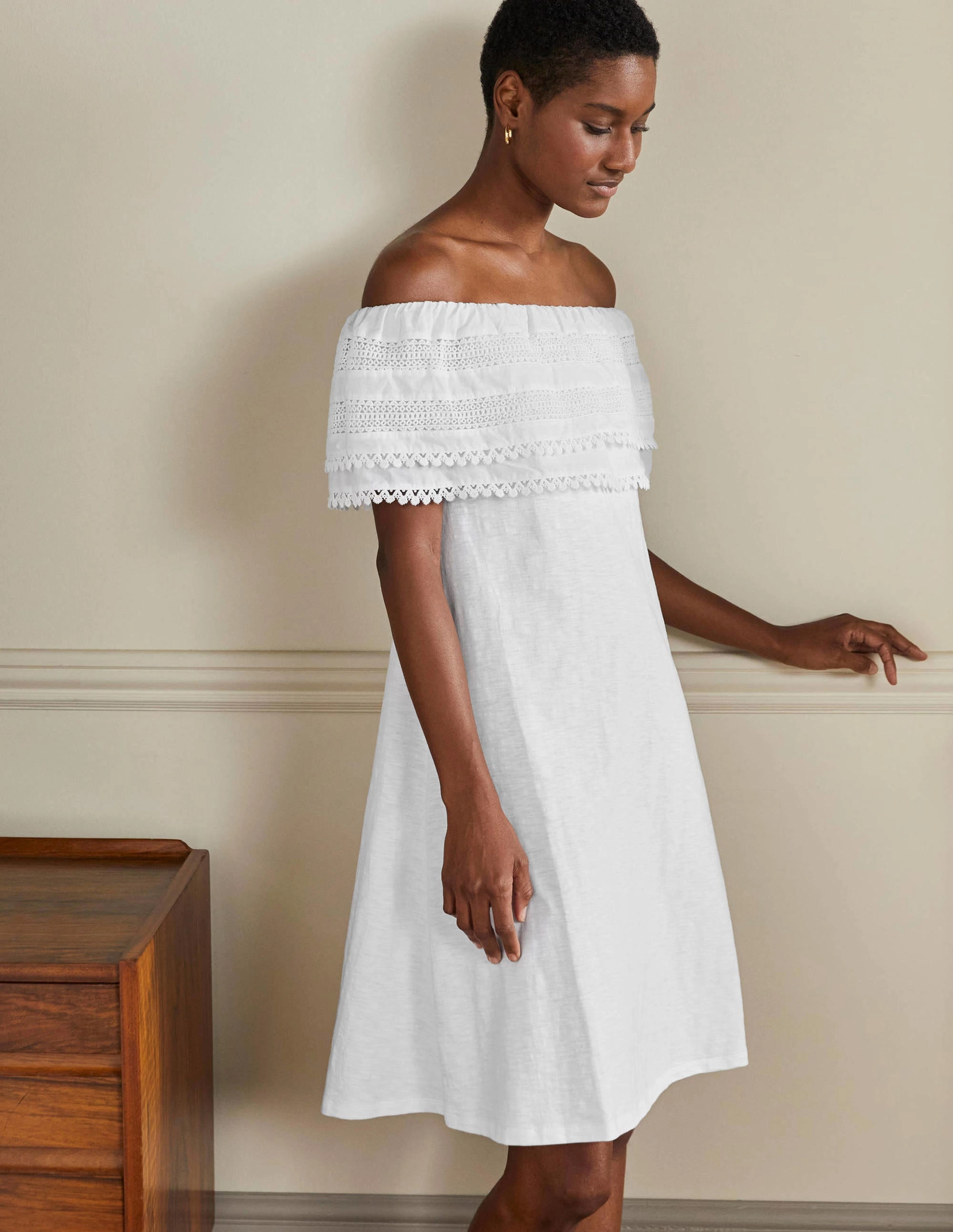 Ruffle Detail Jersey Dress-White