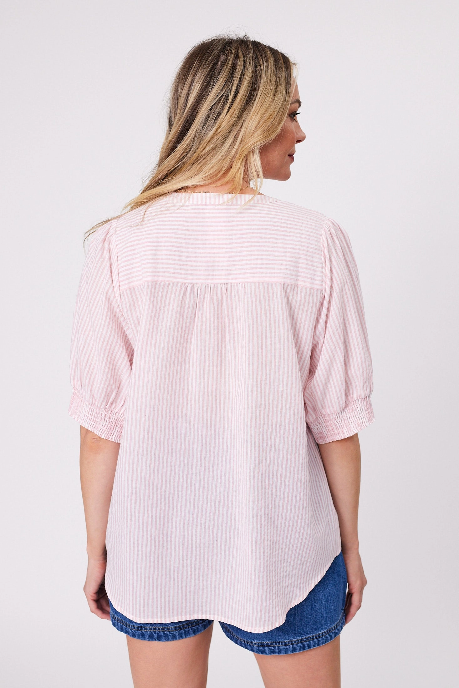 Shine On Label Gretchen Shirred Shoulder Striped Blouse Pink Stripe