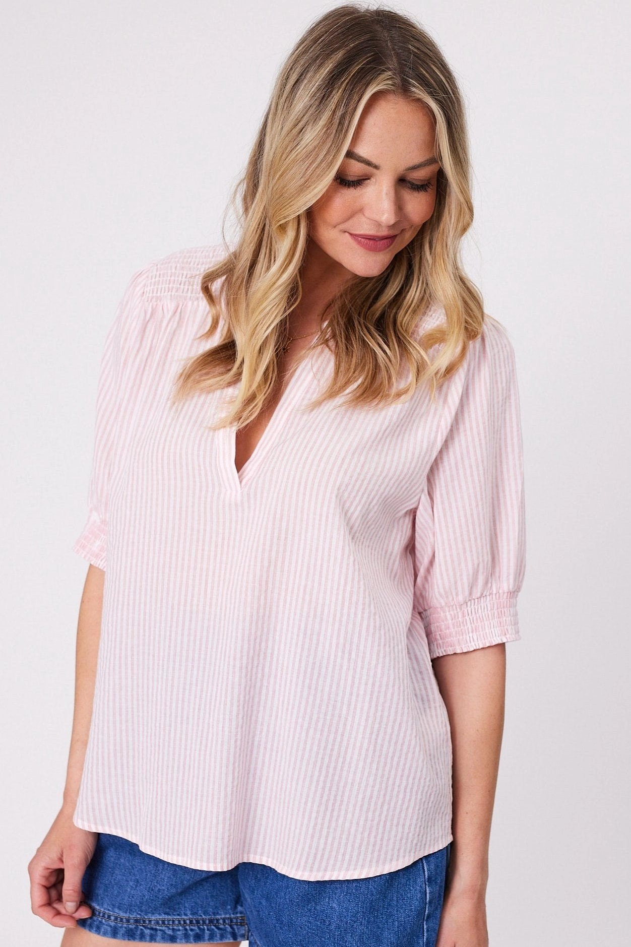 Shine On Label Gretchen Shirred Shoulder Striped Blouse Pink Stripe