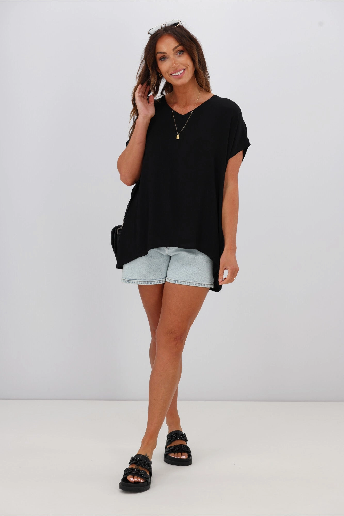 Shine On Label Summer Essential Drape V Neck Top Black