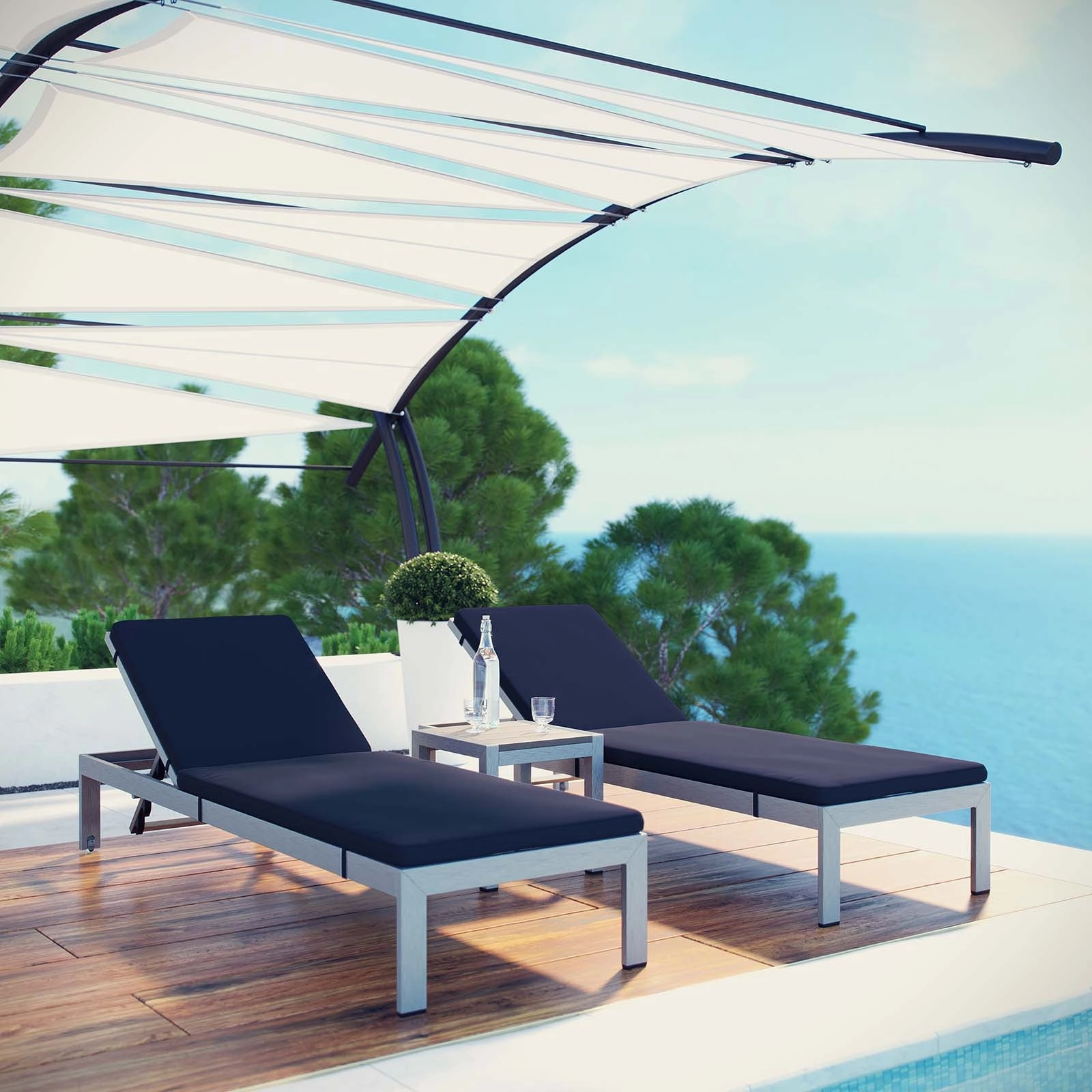 Shore 3 Piece Outdoor Patio Aluminum Chaise with Cushions by Modway