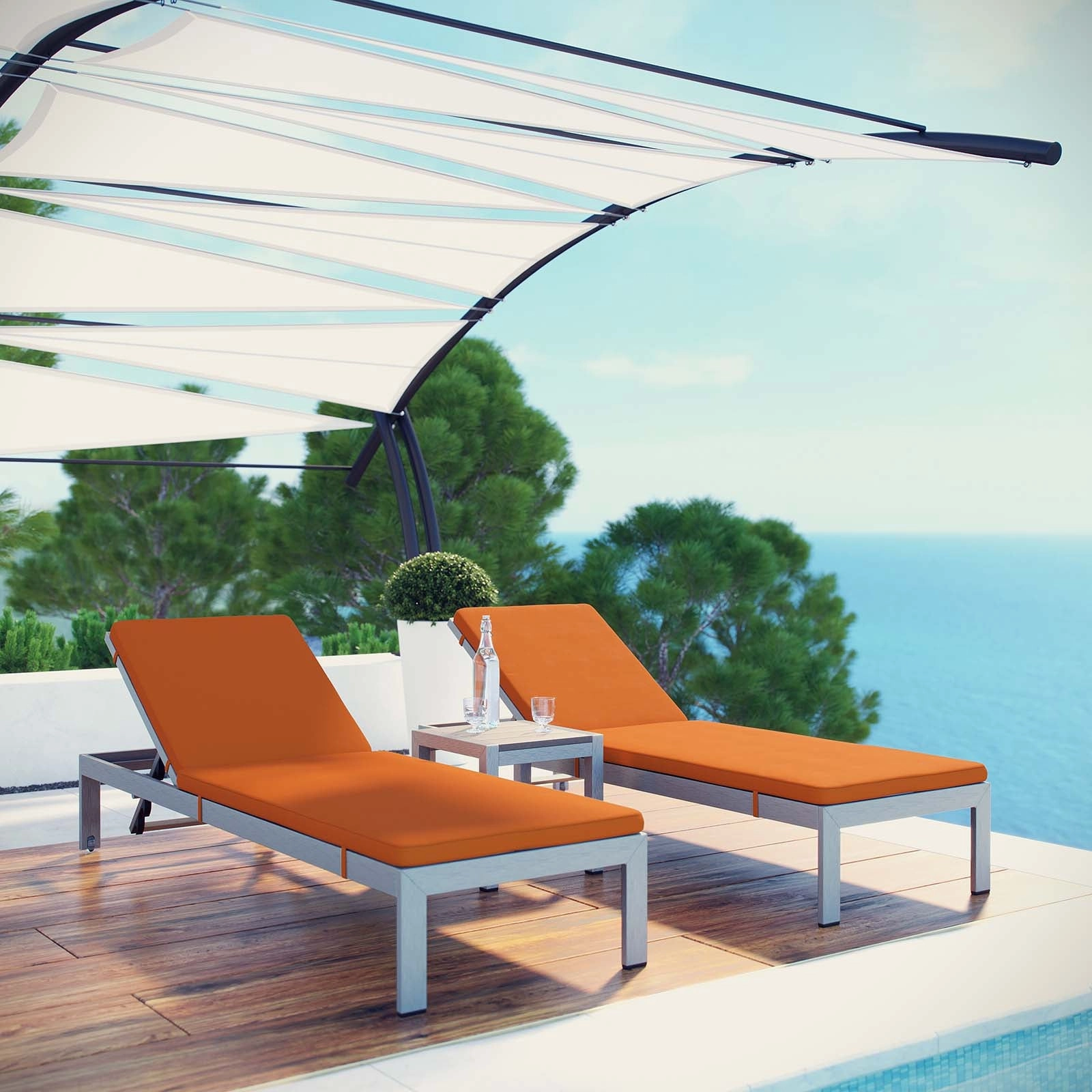 Shore 3 Piece Outdoor Patio Aluminum Chaise with Cushions by Modway